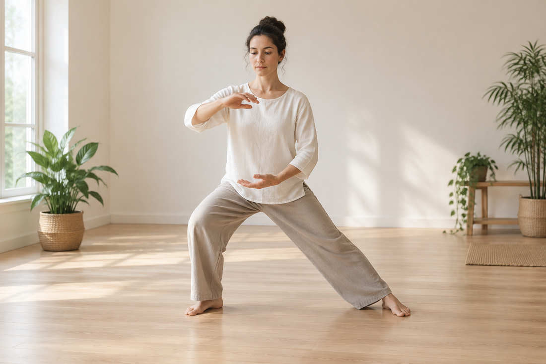 Una persona pratica Qi Gong in piedi, con un ginocchio piegato e le braccia raccolte in un movimento circolare