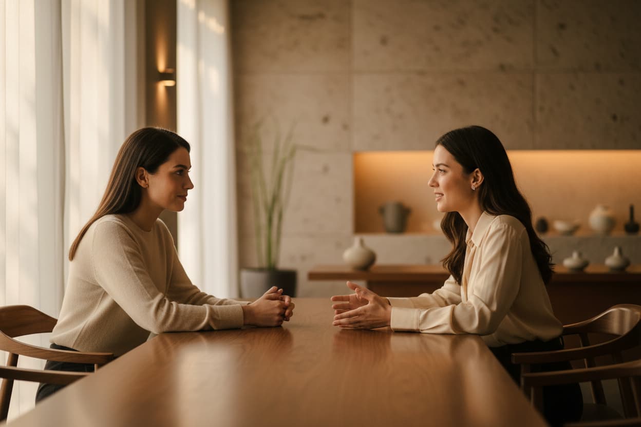 Due persone in conversazione — trovare il professionista giusto