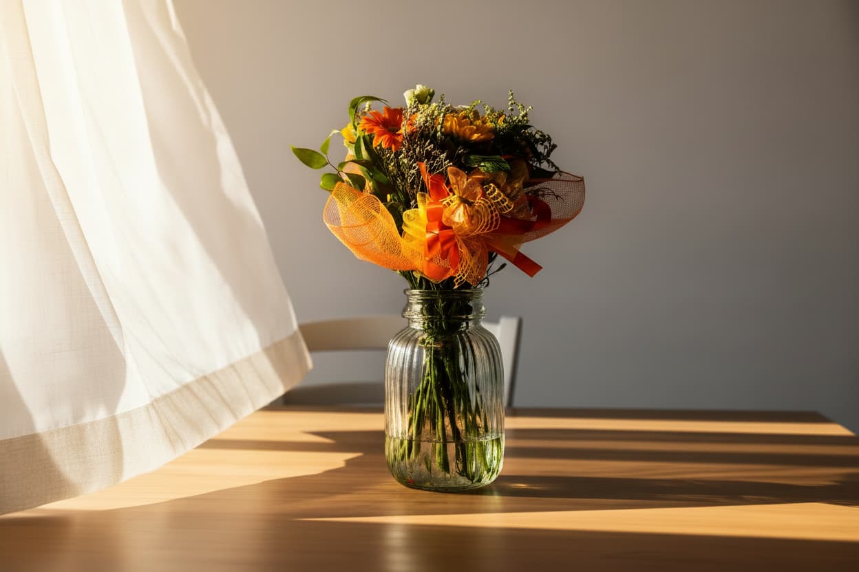 Mazzo di fiori arancioni e gialli in vaso di vetro, con luce solare e ombre sul tavolo