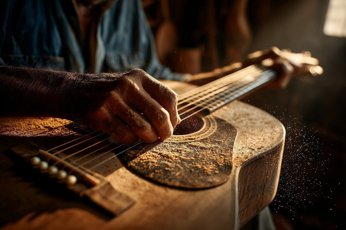 Mani di artigiano che lavorano il legno di una chitarra — artigianato autentico su Oikonomia
