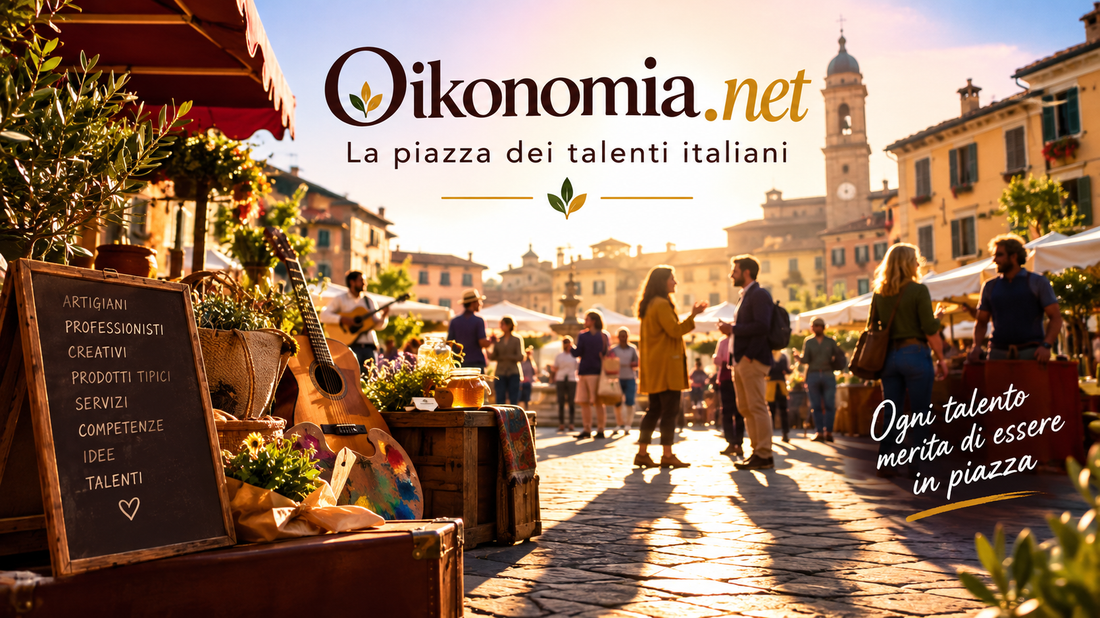 Una piazza italiana al tramonto, con persone che si incontrano, botteghe e il logo Oikonomia, la piazza dei talenti italiani.